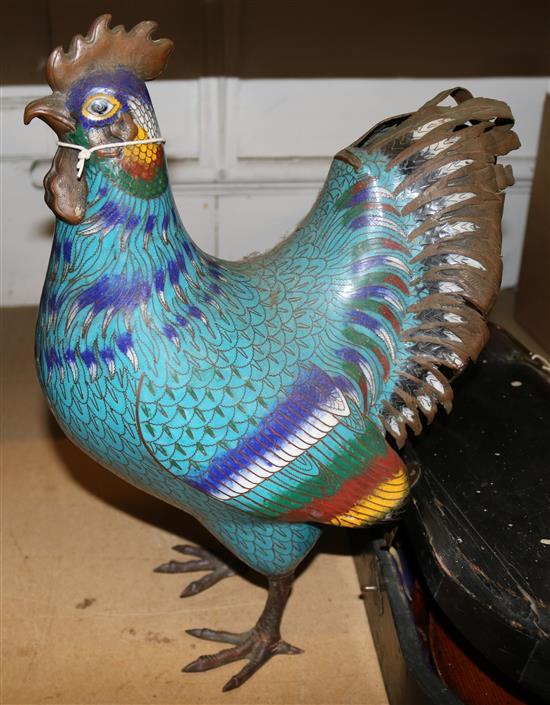 A Chinese cloisonne enamel model of a chicken, H.15in.